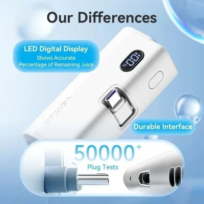 Vention Power Bank LED Display 4800mAh (USB-C + Lightning + USB-C) 22.5W Foldable USB-C Type _ White